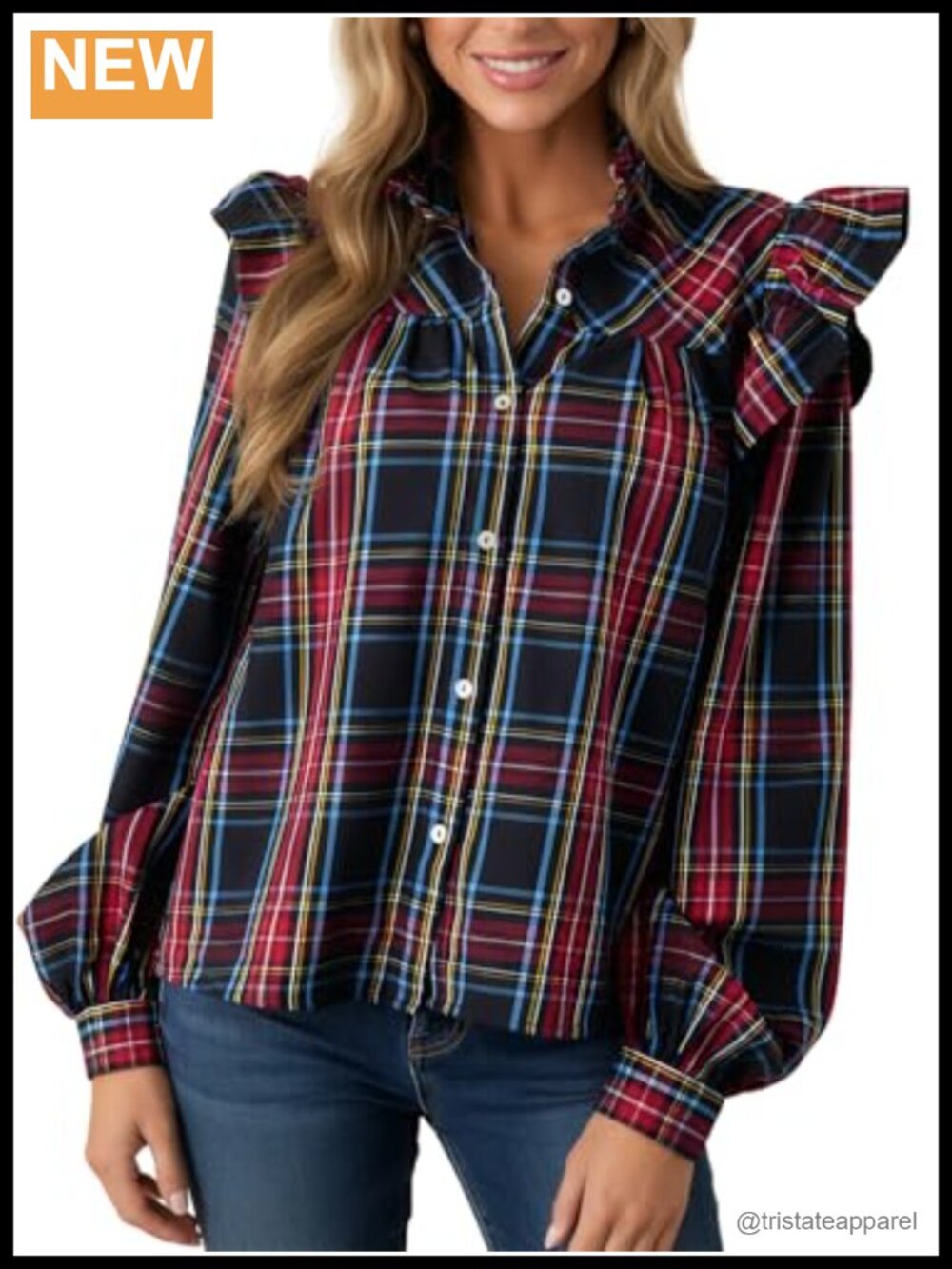Women's Plaid Ruffle Button Down Blouse Puff Long Sleeve Cotton Casual